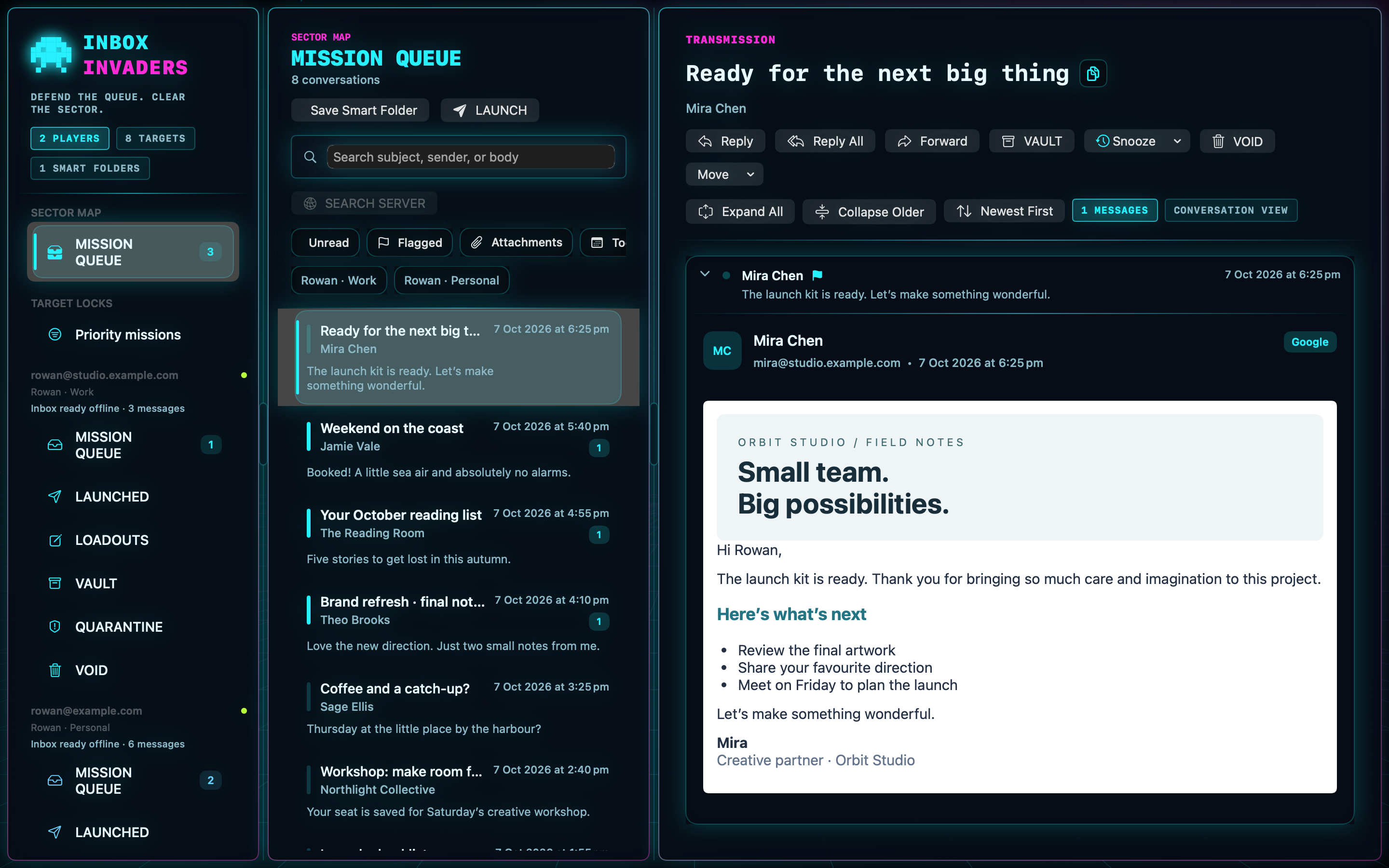 The Inbox Invaders Mac app showing two fictional accounts, a unified message list and a full email reading pane